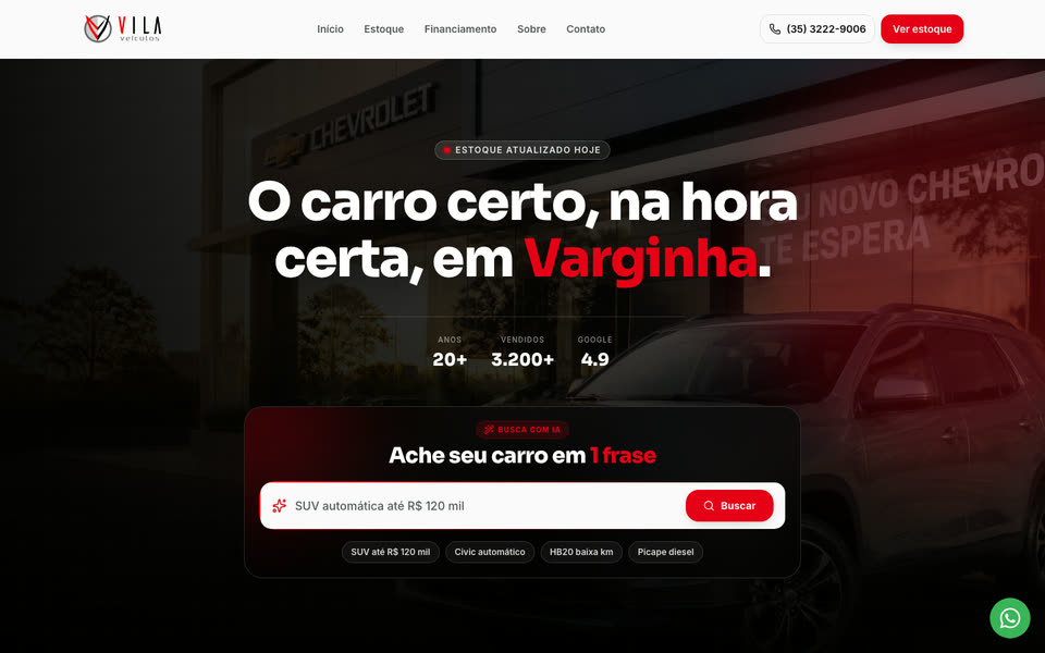 Página inicial do site Vila Veículos